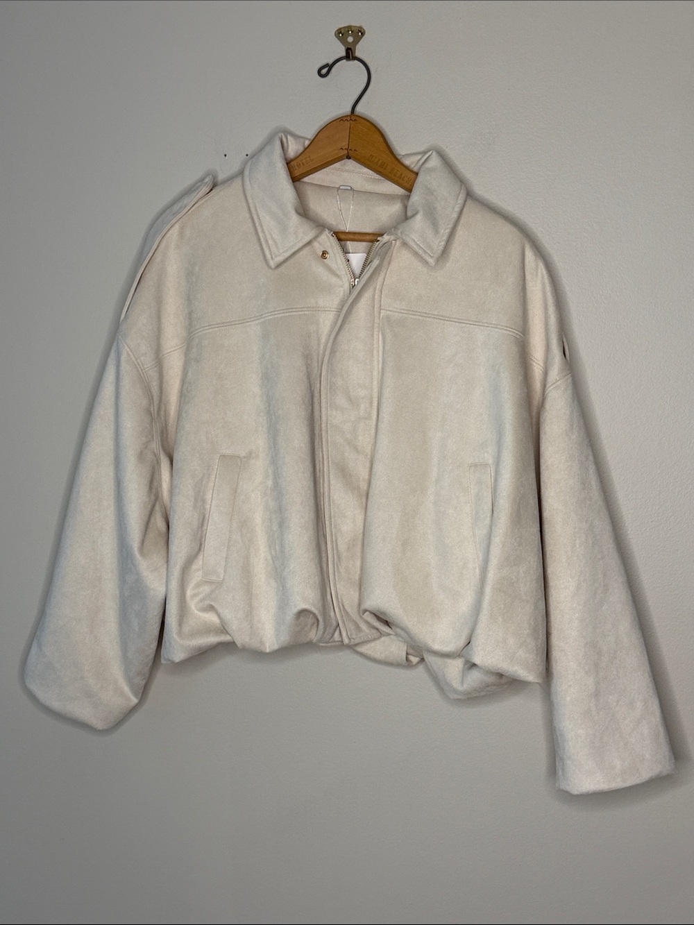 Women's Cream Oversized Collared Bomber Jacket
